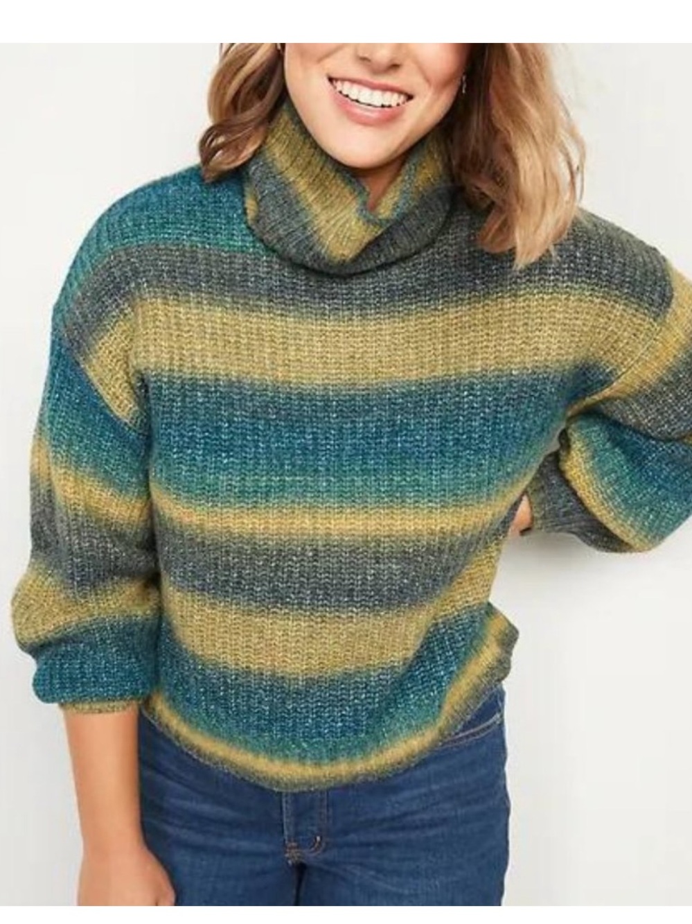 Old Navy Shaker Stitch Turtleneck Sweater Womens L Green Yellow Space Dye Wool